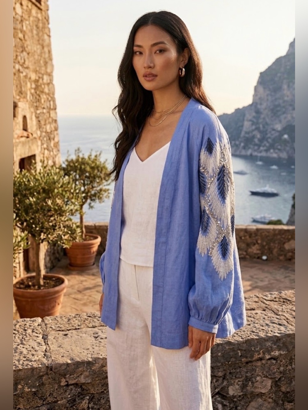 Gorgeous Light Blue Embroidered Linen cardigan